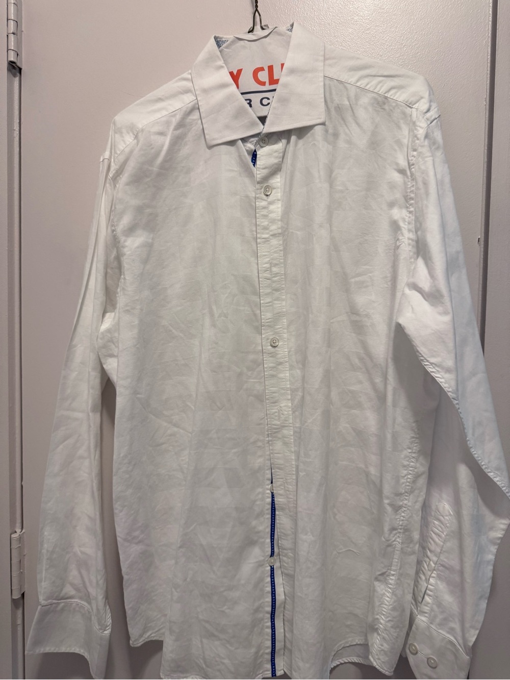 Bugatchi Men’s Large Classic Fit White Long Sleeve Button-Up Dress Shirt Blue Tr